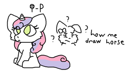 Size: 756x425 | Tagged: safe, artist:sugar-p, imported from derpibooru, sweetie belle, dog, pony, unicorn, :<, duo, english, question mark, sitting, text, watermark