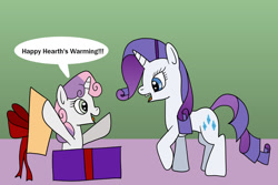 Size: 1280x854 | Tagged: safe, artist:platinumdrop, imported from derpibooru, rarity, sweetie belle, cute, hearth's warming eve, present, request, speech bubble