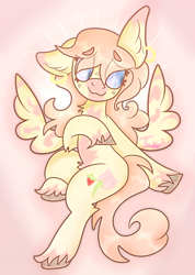 Size: 640x900 | Tagged: safe, artist:junko, artist:php163, imported from derpibooru, oc, oc only, oc:peony fields, pegasus, pony, bean brows, beanbrows, chest fluff, ear fluff, ear piercing, female, looking offscreen, mare, piercing, signature, smiling, spread wings, unshorn fetlocks, wings