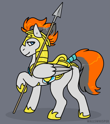 Size: 1143x1289 | Tagged: safe, artist:wallswhisper, imported from derpibooru, oc, oc only, oc:sukko, pegasus, pony, armor, butt, commission, guard, hoof shoes, looking at you, male, plot, royal guard, royal guard armor, simple background, solo, spear, stallion, tail wrap, weapon, ych result