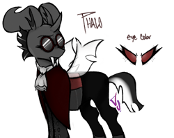 Size: 1083x864 | Tagged: safe, artist:dsstoner, imported from derpibooru, oc, oc:phalo, changeling, cape, clothes, cravat, horns, male, red changeling, reference sheet, sharp teeth, sunglasses, teeth