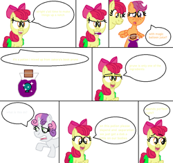 Size: 976x918 | Tagged: safe, artist:theinflater19, imported from derpibooru, apple bloom, scootaloo, sweetie belle, pony, comic:the crusade in heliums, balloon, bow, engrish, female, filly, potion, this will end in balloons