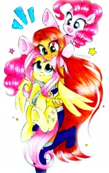 Size: 2195x3467 | Tagged: safe, artist:liaaqila, imported from derpibooru, fluttershy, pinkie pie, alien, earth pony, pegasus, commission, crossover, cute, diapinkes, happy, shyabetes, starfire, teen titans, traditional art