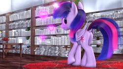 Size: 2560x1440 | Tagged: safe, artist:thelunagames, imported from derpibooru, twilight sparkle, alicorn, pony, 3d, book, bookshelf, cinema4d, female, folded wings, glowing horn, heart, horn, looking back, magic, mare, solo, twilight sparkle (alicorn), wings