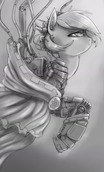 Size: 1280x2111 | Tagged: safe, artist:mod-of-chaos, imported from derpibooru, oc, oc only, oc:little beam, cyborg, earth pony, pony, augmented, cloak, clothes, crossover, cyberpunk, ear fluff, female, frown, futuristic, lidded eyes, mechanic, monochrome, parody, solo, techpriest, warhammer (game), warhammer 40k