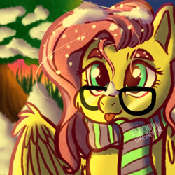 Size: 2362x2362 | Tagged: safe, artist:enochiandream20, imported from derpibooru, fluttershy, pegasus, pony, :p, bust, clothes, cute, eyelashes, female, glasses, high res, looking at you, mare, outdoors, scarf, shyabetes, snow, snow on nose, snowfall, spread wings, stray strand, three quarter view, tongue out, wings