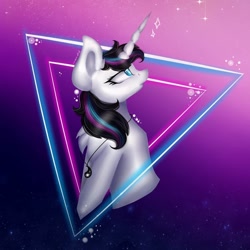 Size: 1080x1080 | Tagged: safe, alternate version, artist:rxndxm.artist, imported from derpibooru, oc, oc only, oc:shooting star, pony, unicorn, abstract background, bust, chest fluff, female, horn, jewelry, looking back, looking up, mare, necklace, solo, unicorn oc