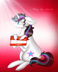 Size: 1080x1350 | Tagged: safe, artist:rxndxm.artist, imported from derpibooru, oc, oc only, oc:shooting star, pony, unicorn, abstract background, crying, female, flag, hoof hold, horn, mare, solo, unicorn oc