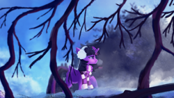 Size: 1920x1080 | Tagged: safe, artist:hierozaki, imported from derpibooru, twilight sparkle, alicorn, pony, clothes, earmuffs, female, mare, scarf, snow, solo, striped scarf, tree, twilight sparkle (alicorn)