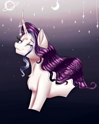 Size: 1080x1350 | Tagged: safe, artist:rxndxm.artist, imported from derpibooru, oc, oc only, pony, unicorn, bedroom eyes, bust, chest fluff, crescent moon, eyelashes, female, gradient background, horn, horn jewelry, jewelry, mare, moon, smiling, solo, stars, unicorn oc