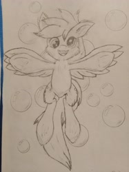 Size: 3016x4032 | Tagged: safe, artist:zeka10000, imported from derpibooru, derpy hooves, alternate hairstyle, bubble, cheek fluff, derp, ear fluff, female, filly, flying, monochrome, open mouth, simple background, sketch, traditional art, wip