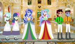 Size: 1457x856 | Tagged: safe, artist:karalovely, imported from derpibooru, bon bon, lyra heartstrings, princess cadance, princess luna, sweetie drops, oc, equestria girls, long dress