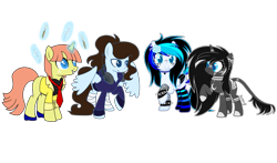 Size: 3305x1944 | Tagged: safe, artist:aestheticallylithi, artist:kb-gamerartist, imported from derpibooru, oc, oc only, oc:abella, oc:krissy, oc:lithium, oc:tippy toes, pegasus, pony, unicorn, derpibooru community collaboration, 2021 community collab, bandage, blank flank, brush, choker, clothes, coat, corset, ear piercing, earring, feather, female, flower, flower in hair, freckles, glowing horn, grin, headphones, high heels, hoodie, horn, jewelry, leonine tail, levitation, lip piercing, magic, makeup, mare, markings, mascara, multicolored hair, necktie, paintbrush, piercing, raised hoof, rose, shoes, simple background, smiling, socks, spiked wristband, spread wings, striped socks, tape, telekinesis, transparent background, wings, wristband