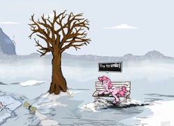 Size: 901x657 | Tagged: safe, pinkie pie, earth pony, pony, amputee, bench, dead tree, dialogue, female, game:element of justice, hay, ice, mare, snow, solo, tree, winter