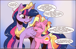 Size: 1375x890 | Tagged: safe, artist:saturdaymorningproj, imported from derpibooru, luster dawn, twilight sparkle, alicorn, pony, unicorn, the last problem, dialogue, duo, eyes closed, female, headcanon denied, implied starlight glimmer, implied trixie, luster dawn is not starlight and sunburst daughter, mare, offscreen character, open mouth, princess twilight 2.0, speech bubble, twilight sparkle (alicorn)