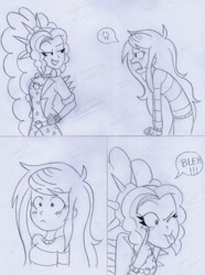 Size: 797x1073 | Tagged: safe, artist:crock2121, imported from derpibooru, adagio dazzle, wallflower blush, equestria girls, equestria girls series, forgotten friendship, blushing, comic, dialogue, dialogue in the description, duo, duo female, female, shrunken pupils, tongue out, traditional art