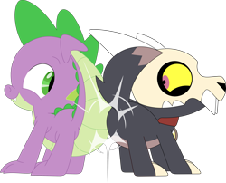 Size: 3547x2870 | Tagged: safe, artist:porygon2z, imported from derpibooru, spike, dragon, broken horn, butt, butt bump, butt to butt, butt touch, collar, crossover, dragonbutt, high res, horn, king clawthorne, male, pet tag, show accurate, simple background, skull, the owl house, titan, transparent background