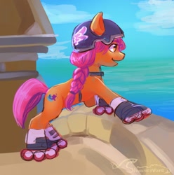 Size: 1156x1164 | Tagged: safe, artist:shuaneyvore, imported from derpibooru, sunny starscout, earth pony, pony, female, g5, gonna be my day, mare, maretime bay, roller skates, scene interpretation, solo