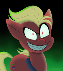 Size: 1951x2210 | Tagged: safe, artist:saveraedae, imported from derpibooru, sprout cloverleaf, earth pony, pony, spoiler:g5, spoiler:my little pony: a new generation, emperor sprout, evil grin, g5, grin, male, my little pony: a new generation, red eyes, sharp teeth, smiling, solo, sproutity, stallion, tail, teeth