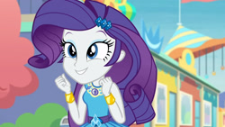 Size: 3410x1920 | Tagged: safe, imported from derpibooru, screencap, rarity, equestria girls, equestria girls series, rollercoaster of friendship, bracelet, clothes, cute, cutie mark, cutie mark on clothes, female, geode of shielding, hairpin, high res, jewelry, magical geodes, raribetes, rarity peplum dress, smiling, solo