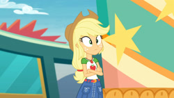 Size: 3410x1920 | Tagged: safe, imported from derpibooru, screencap, applejack, equestria girls, equestria girls series, rollercoaster of friendship, applejack's hat, belt, clothes, cowboy hat, crossed arms, cutie mark, cutie mark on clothes, denim skirt, female, geode of super strength, hat, high res, jewelry, magical geodes, necklace, skirt, solo