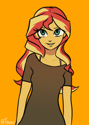 Size: 1446x2039 | Tagged: safe, artist:tacoman dusct, imported from derpibooru, sunset shimmer, equestria girls, cute, female, looking at you, orange background, shimmerbetes, simple background, smiling, smiling at you, solo