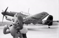 Size: 2048x1328 | Tagged: safe, imported from derpibooru, pipp petals, pegasus, pony, spoiler:my little pony: a new generation, actual historical footage, balkenkreuz, black and white, censored swastika, cute, dive bomber, female, g5, german, grayscale, ju-87, lowres, luftwaffe, mare, monochrome, my little pony: a new generation, phone, plane, selfie, stock vector, stuka, world war ii