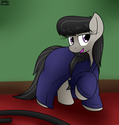 Size: 1503x1584 | Tagged: safe, artist:the-furry-railfan, imported from derpibooru, octavia melody, earth pony, pony, bathrobe, bedroom eyes, clothes, eyebrows, eyebrows visible through hair, hose, indoors, open mouth, open smile, robe, smiling, this will end in balloons