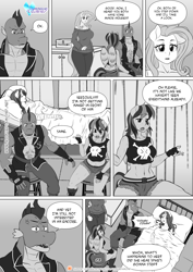 Size: 1200x1697 | Tagged: safe, artist:pia-sama, imported from derpibooru, fluttershy, rainbow dash, rarity, spike, anthro, plantigrade anthro, comic:rogue diamond, bandage, bed, comic, grayscale, monochrome