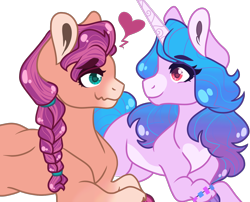 Size: 1414x1142 | Tagged: safe, artist:buttercupisqueen, imported from derpibooru, izzy moonbow, sunny starscout, spoiler:my little pony: a new generation, female, g5, heart, izzyscout, lesbian, my little pony: a new generation, shipping, simple background, transparent background