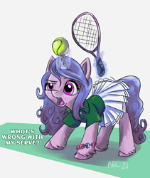 Size: 3300x3908 | Tagged: safe, artist:lytlethelemur, imported from derpibooru, izzy moonbow, pony, unicorn, ball, clothes, dialogue, female, g5, high res, horn, horn guard, horn impalement, hornball, izzy's tennis ball, magic, mare, open mouth, shirt, signature, skirt, solo, sports, telekinesis, tennis, tennis ball, tennis racket, unshorn fetlocks