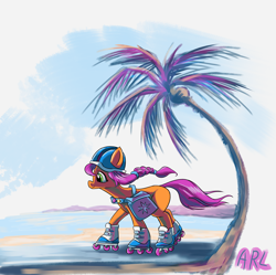 Size: 2154x2144 | Tagged: safe, artist:lytlethelemur, imported from derpibooru, sunny starscout, earth pony, pony, spoiler:my little pony: a new generation, beach, g5, helmet, high res, my little pony: a new generation, palm tree, roller skates, rollerblades, skating, tree