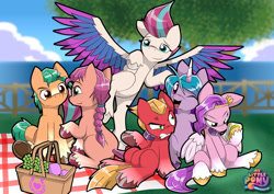 Size: 1280x905 | Tagged: safe, artist:jonathantaniuchi, imported from derpibooru, hitch trailblazer, izzy moonbow, pipp petals, sprout cloverleaf, sunny starscout, zipp storm, earth pony, pegasus, pony, unicorn, angry, basket, blaze (coat marking), braid, cellphone, cloud, coat markings, cross-popping veins, eye contact, facial markings, female, fence, flying, food, g5, grapes, gritted teeth, herbivore, horn, looking at each other, looking at you, male, mane five (g5), mare, missing cutie mark, my little pony: a new generation, new mane six (g5), one eye closed, open mouth, phone, picnic, picnic basket, raised eyebrow, raised hoof, sitting, smiling, socks (coat markings), sprout is not amused, stallion, tree, unamused, underhoof, unshorn fetlocks, water, wings, wink