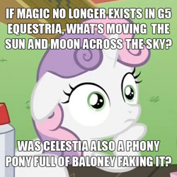 Size: 500x500 | Tagged: safe, editor:wild stallions, imported from derpibooru, sweetie belle, pony, unicorn, a phony pony full of baloney, continuity error, exploitable meme, female, filly, foal, g4, g5, g5 pegasi can't fly, image macro, meme, obligatory pony, plothole, sudden clarity sweetie belle, sun and moon