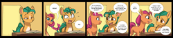 Size: 3338x751 | Tagged: safe, artist:siroc, imported from derpibooru, hitch trailblazer, sunny starscout, earth pony, pony, spoiler:my little pony: a new generation, 4 panel comic, book, colored pupils, comic, dialogue, eye contact, female, frown, g5, implied hitchpipp, implied onlyfans, implied pipp petals, implied porn, lidded eyes, looking at each other, male, mare, my little pony: a new generation, nervous, open mouth, reading, smiling, speech bubble, stallion, surprised, sweat, sweatdrop, sweatdrops, wide eyes