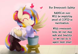 Size: 1920x1344 | Tagged: safe, imported from derpibooru, oc, oc:golden gates, pegasus, pony, babscon, clothes, coronavirus, female, gloves, mare, mascot, nurse outfit, pegasus oc, pencil, wings