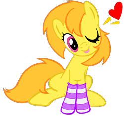 Size: 2396x2247 | Tagged: safe, artist:telasra, imported from derpibooru, oc, oc only, oc:sunshine, earth pony, pony, clothes, earth pony oc, heart, high res, one eye closed, simple background, smiling, socks, solo, striped socks, transparent background, wink