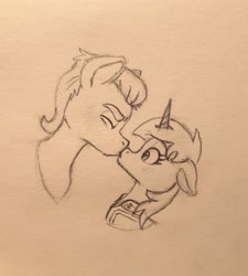 Size: 1943x2160 | Tagged: artist needed, safe, imported from derpibooru, sprout cloverleaf, oc, oc:littlepip, oc:red eye, earth pony, pony, unicorn, fallout equestria, canon x oc, clothes, fanfic art, female, g5, jumpsuit, kiss on the lips, kissing, littlesprout, male, mare, my little pony: a new generation, shipping, stallion, straight, traditional art, vault suit