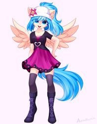 Size: 2632x3333 | Tagged: safe, artist:airiniblock, imported from derpibooru, oc, oc only, anthro, pegasus, unguligrade anthro, anthro oc, boots, cheek fluff, clothes, dress, ear fluff, eye clipping through hair, female, hat, high res, looking at you, pegasus oc, rcf community, shoes, simple background, smiling, smiling at you, solo, spread wings, white background, wings