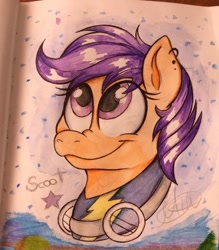 Size: 842x960 | Tagged: safe, artist:millefaller, imported from derpibooru, scootaloo, pegasus, pony, bust, clothes, cute, ear piercing, earring, eyelashes, female, filly, goggles, jewelry, piercing, signature, smiling, solo, traditional art, uniform, wonderbolts uniform