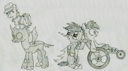 Size: 1066x596 | Tagged: safe, artist:zombietator, imported from derpibooru, oc, oc only, changeling, pony, :o, changeling oc, clothes, hat, lineart, looking back, open mouth, scarf, traditional art, wheelchair, wide eyes