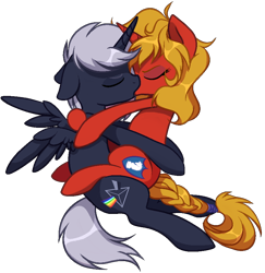 Size: 872x896 | Tagged: safe, artist:unichan, imported from derpibooru, oc, oc:quantum flash, oc:steel prism, alicorn, pony, unicorn, alicorn oc, base used, commission, duo, embrace, eyes closed, female, horn, kiss on the lips, kissing, making out, male, rule 63, simple background, stallion, transparent background, wings, ych result