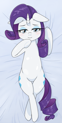 Size: 1125x2224 | Tagged: safe, artist:batipin, imported from derpibooru, rarity, pony, unicorn, bed sheet, blushing, floppy ears, lidded eyes, looking at you, lying down, on back, solo