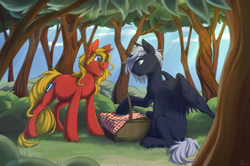 Size: 2153x1431 | Tagged: safe, artist:moontwinkle, imported from derpibooru, oc, oc:quantum flash, oc:steel prism, alicorn, unicorn, alicorn oc, commission, female, forest, horn, male, mare, picnic, stallion, wings