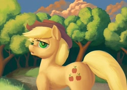 Size: 1754x1240 | Tagged: safe, artist:escapist, imported from derpibooru, applejack, pony, applebutt, applejack's hat, butt, cowboy hat, dock, forest, hat, lidded eyes, missing freckles, plot, scenery, solo, tail