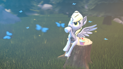 Size: 1920x1080 | Tagged: safe, artist:bronydj, imported from derpibooru, derpy hooves, butterfly, pegasus, pony, 3d, forest, grass, solo, source filmmaker, tree stump