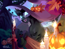 Size: 2000x1500 | Tagged: safe, artist:pixelgreen, imported from derpibooru, oc, oc only, oc:tarsi, changeling, candle, candlelight, changeling oc, clothes, commission, costume, fangs, fence, glasses, halloween, hat, holiday, jack-o-lantern, pumpkin, smiling, solo, wings, witch hat, ych result