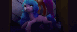 Size: 800x332 | Tagged: safe, edit, edited screencap, imported from derpibooru, screencap, izzy moonbow, sunny starscout, earth pony, pony, unicorn, spoiler:my little pony: a new generation, 3d, animated, duo, duo female, female, g5, gif, loop, mare, my little pony: a new generation, reversed