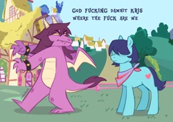 Size: 2000x1409 | Tagged: safe, artist:makalawa.exe, imported from derpibooru, dragon, earth pony, pony, clothes, deltarune, dragoness, dragonified, fanart, female, god fucking damnit kris where the fuck are we, house, kris, meme, ponified, ponyville, scarf, species swap, susie (deltarune), tree, vulgar
