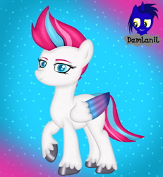 Size: 3840x4154 | Tagged: safe, artist:damlanil, imported from derpibooru, zipp storm, pegasus, pony, adorazipp, colored wings, cute, eyebrows, female, g5, leg fluff, looking at you, mare, my little pony: a new generation, raised hoof, raised leg, shiny, smiling, solo, vector, wings